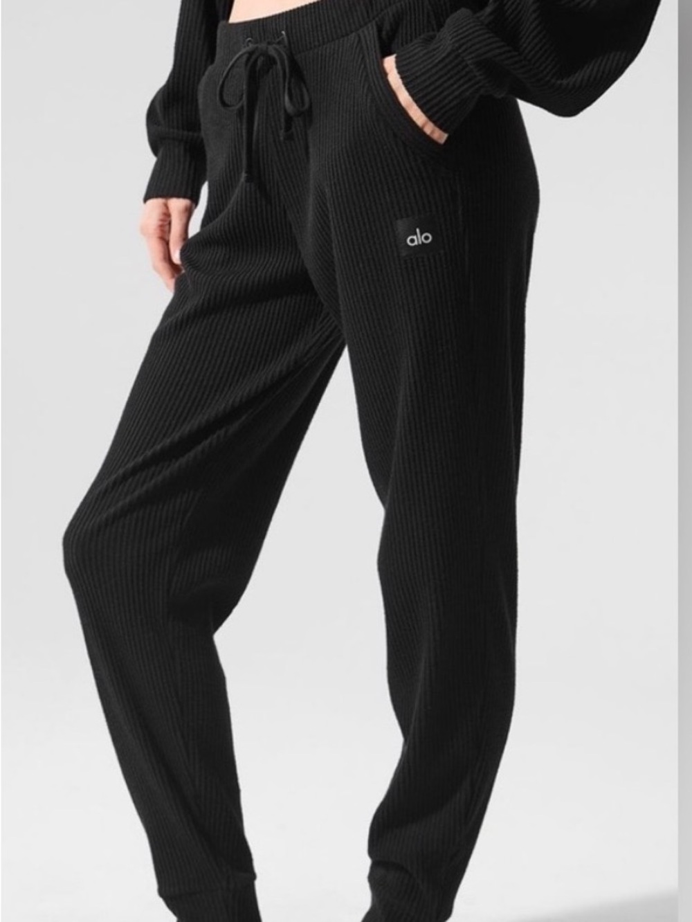 Alo Muse Ribbed Knit Black Hoodie & Jogger Set - Picture 3 of 6